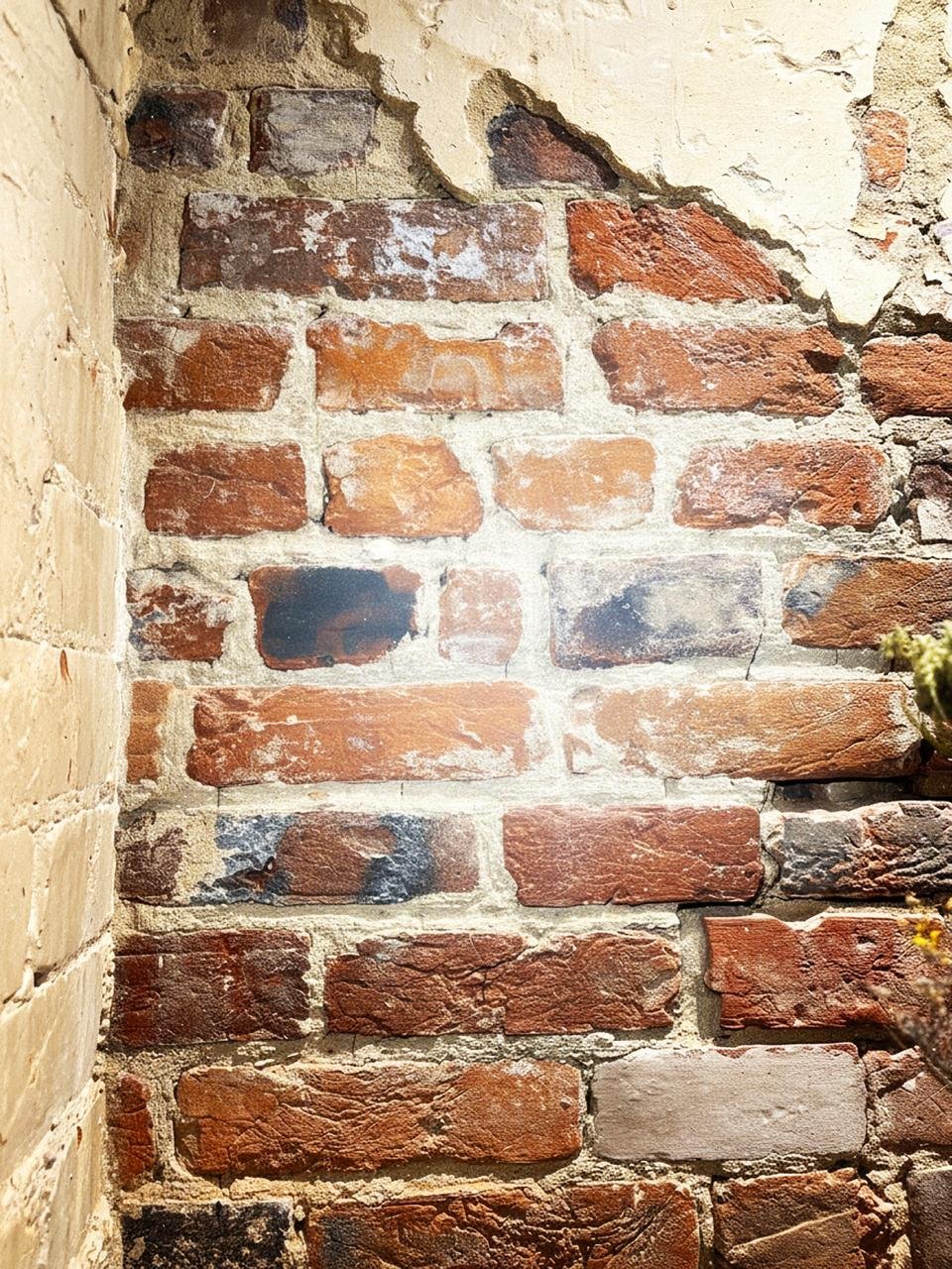 Weathered exposed brickwork inside Wadhams