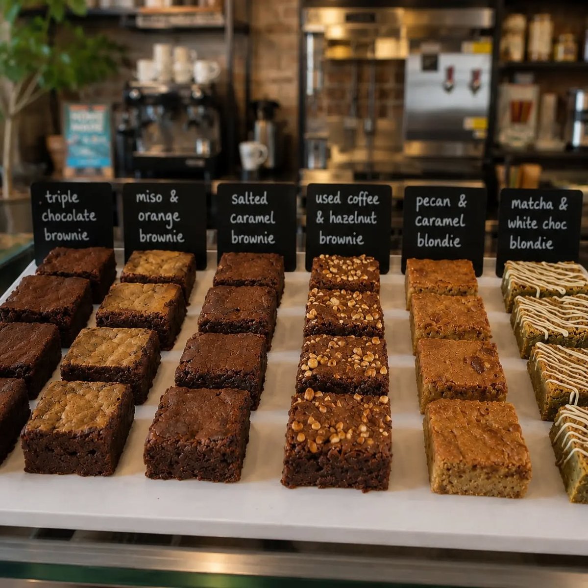 Wadhams display case of labeled brownies: triple chocolate, miso and orange, salted caramel, used coffee and hazelnut, pecan and caramel, matcha and white chocolate